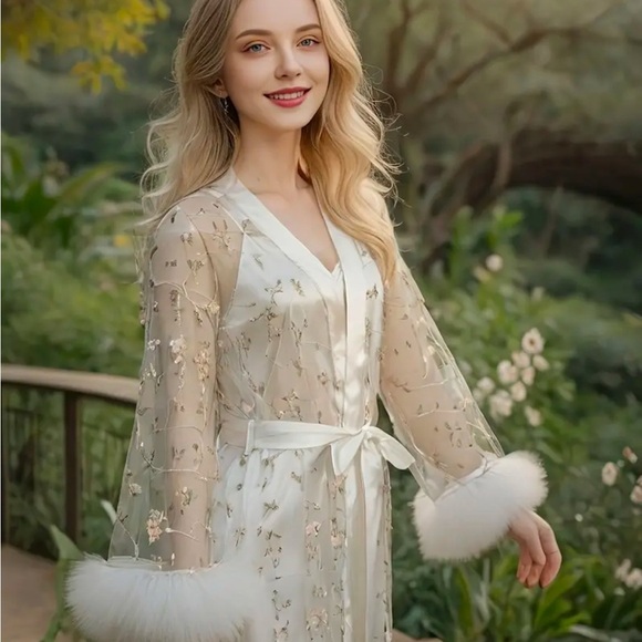 Peignoir Set ~Ivory Satin Slip‎ Nightgown & Sheer Embroidered Roses Belted Robe - Picture 13 of 14